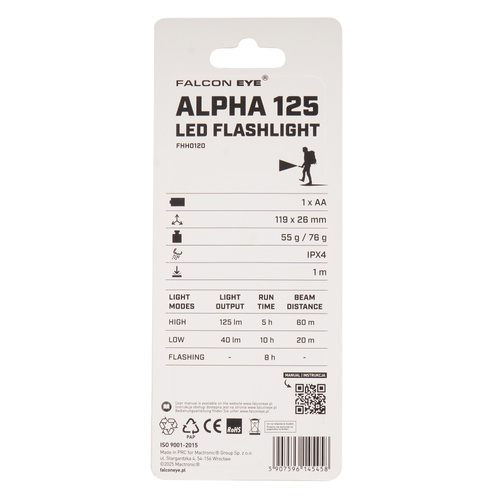 Falcon Eye - Hand-Taschenlampe Alpha 125 - Blitzlicht - Fokus - 125 lm - Schwarz - FHH0120