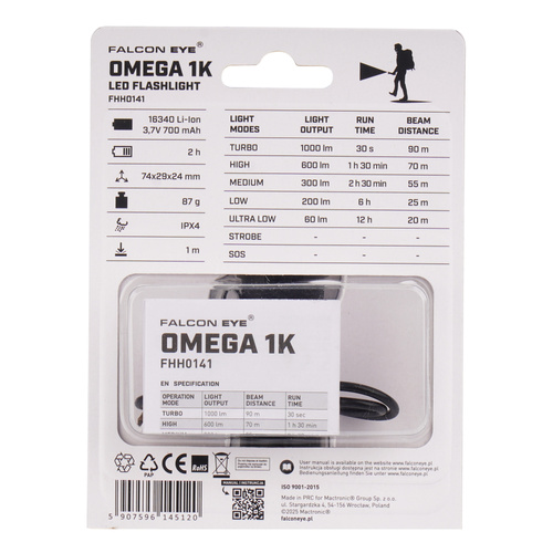 Falcon Eye - Hand-Taschenlampe Omega 1K - Blitzlicht - 1000 lm - Schwarz/Rot - FHH0141