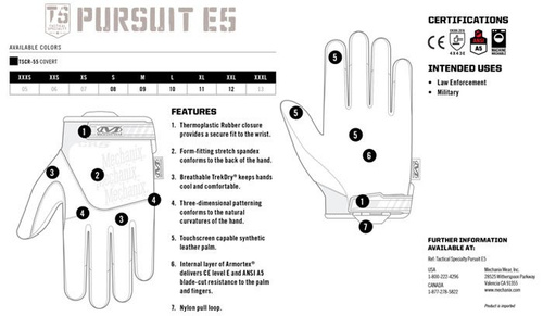 Mechanix - Pursuit E5 Covert Cut Resistant Handschuhe - Schwarz - TSCR-55