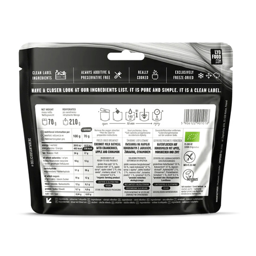 LyoFood - Gefriergetrocknete Ration Lyo Expedition- Eco Apfel und Zimt Haferflocken - 210 g