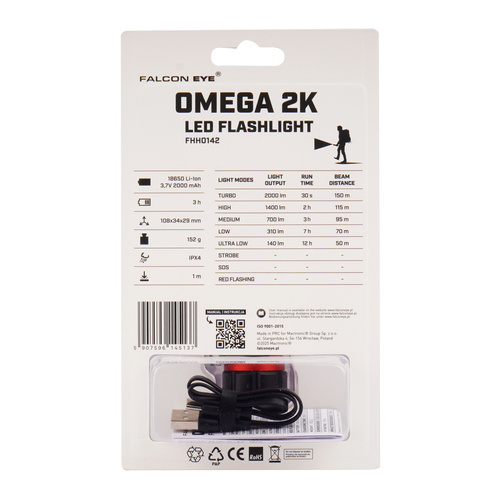 Falcon Eye - Hand-Taschenlampe Omega 2K - Blitzlicht - 2000 lm - Schwarz/Rot - FHH0142