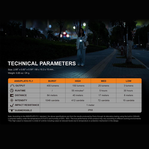 Fenix - Wiederaufladbare LED Taschenlampe E05R - Schlüsselanhänger - 400 Lumen - Schwarz - 039-493