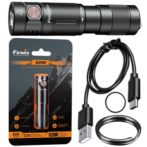 Fenix - Wiederaufladbare LED Taschenlampe E09R - Schlüsselanhänger -600 Lumen - Schwarz - 039-485